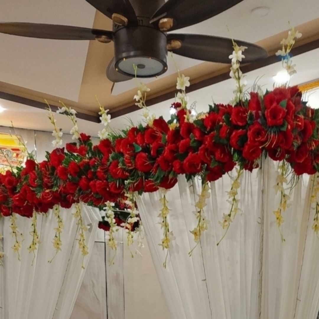 Premium Artificial Red Rose Masehri Wedding Bed Decoration with Elegant Draped Canopy
