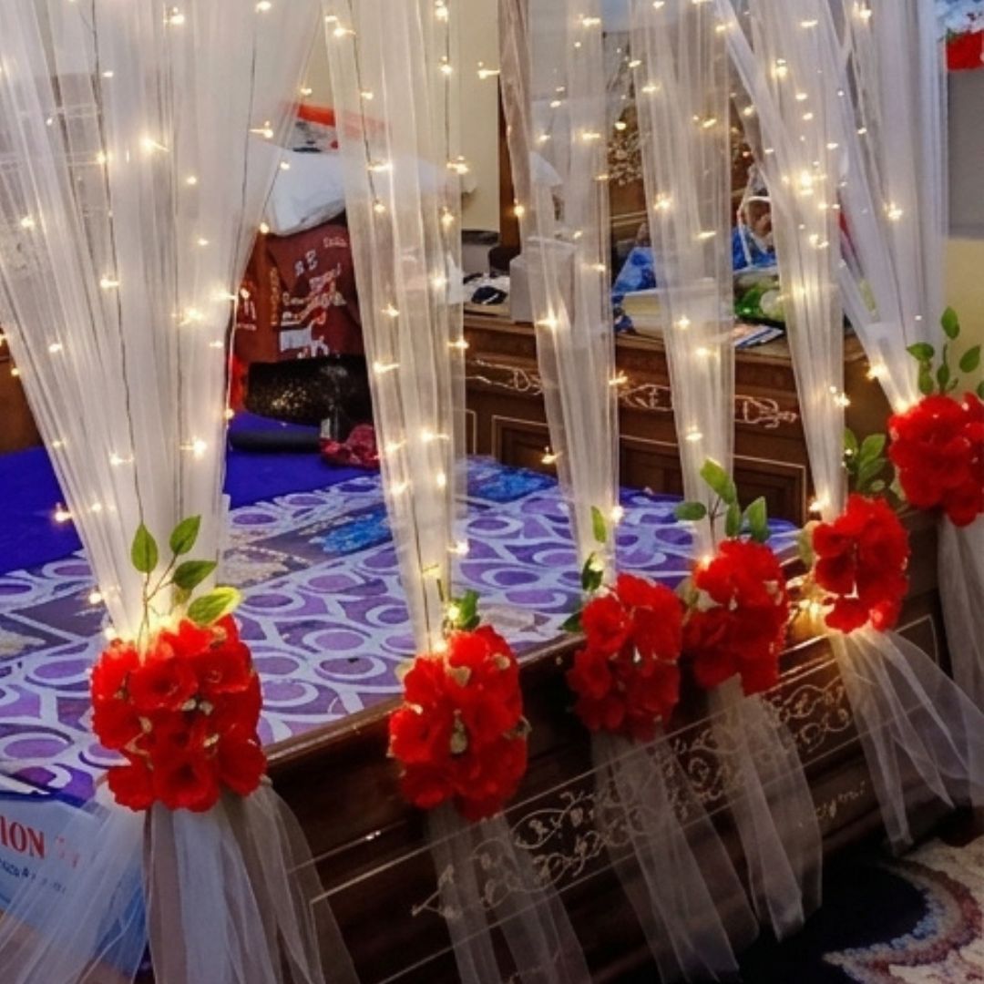 Elegant Red Rose Artificial Flower Canopy Masheri Bed Setup for Bridal Room & Wedding Decor