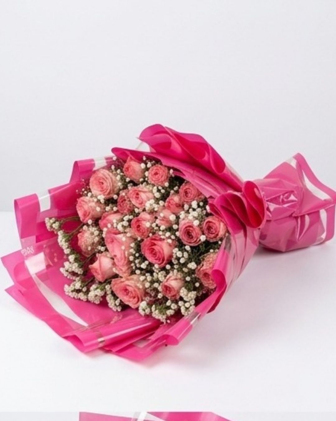Vivid Hot Pink Wrap Pink Rose Bouquet detail 2