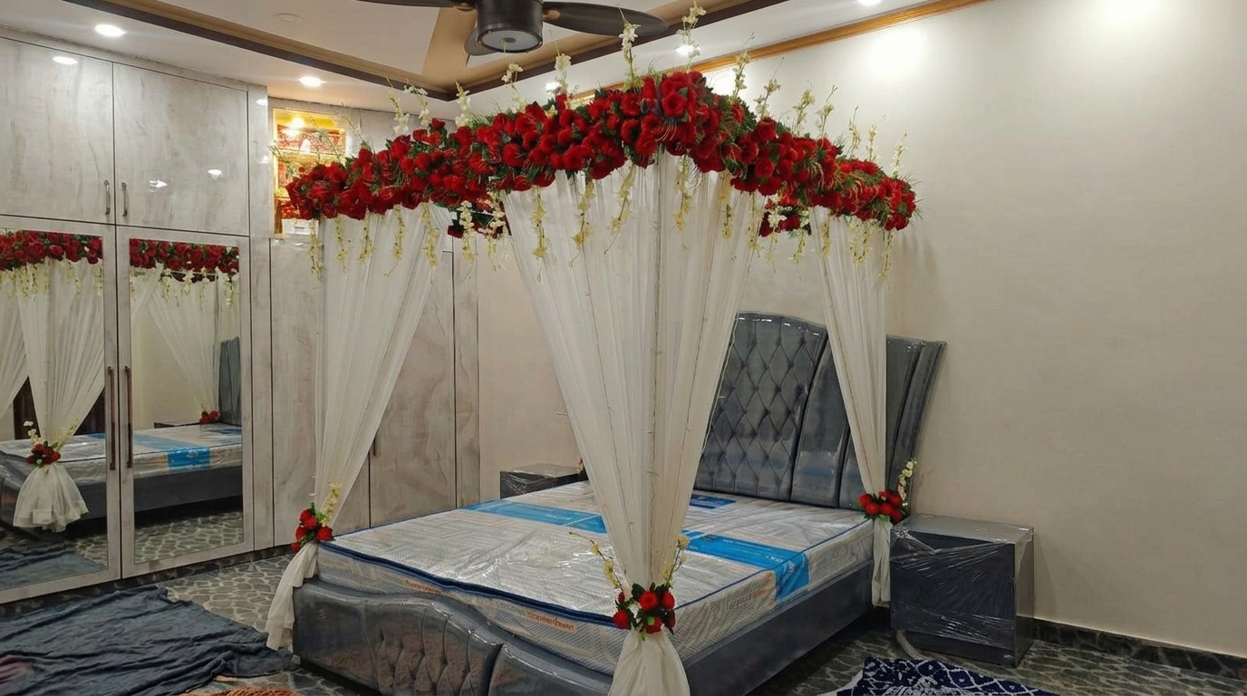 Premium Artificial Red Rose Masehri Wedding Bed Decoration with Elegant Draped Canopy — Bridal Room by Aligoraya Flowers Market