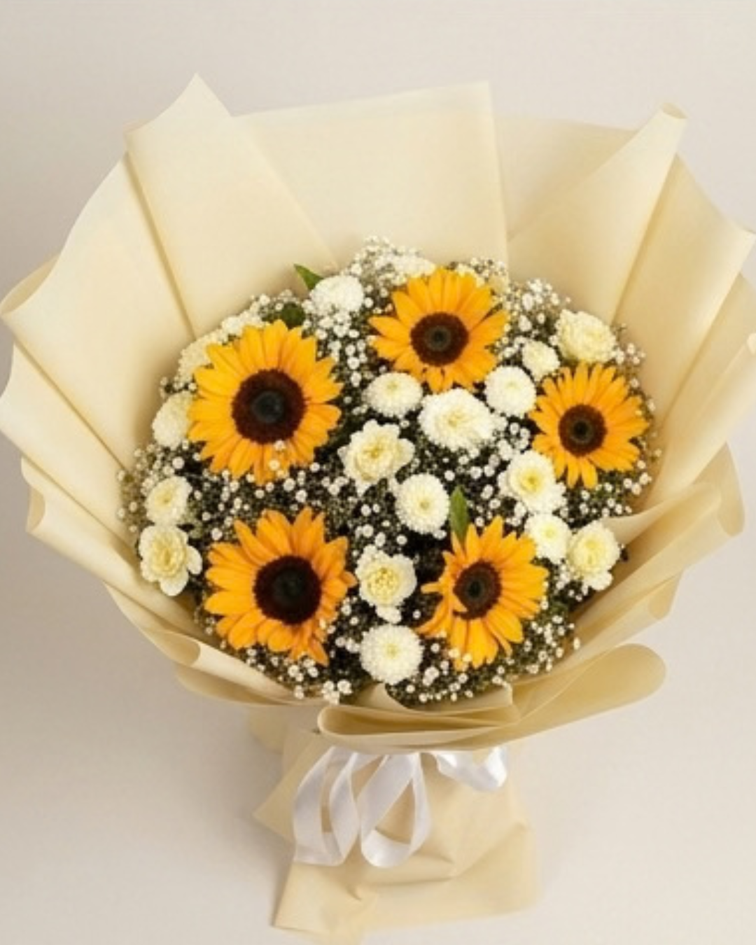 Sunflower, White Chrysanthemum, and Baby's Breath Floral Bouquet with Beige Wrapping detail 4
