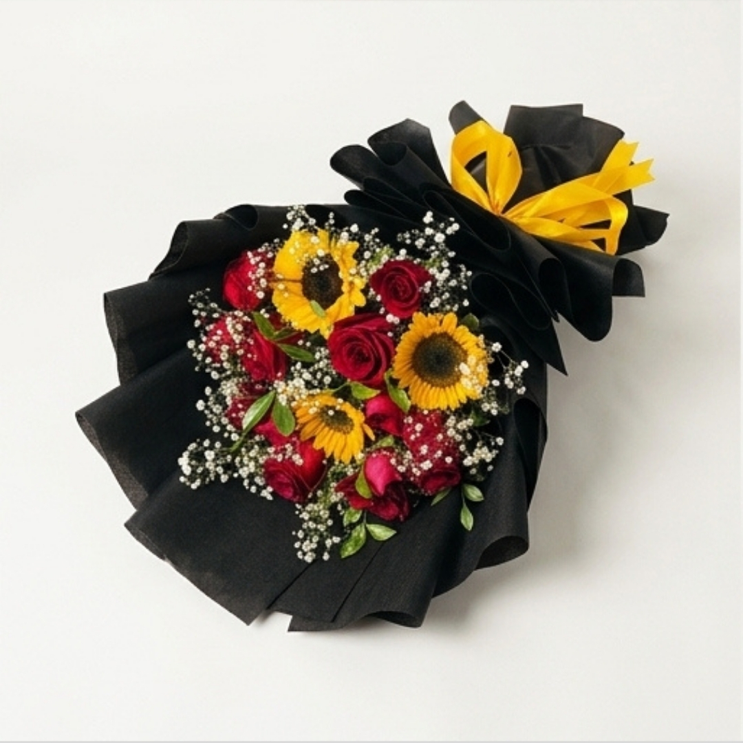 Sunset Harmony Sunflower & Red Rose Bouquet detail 3