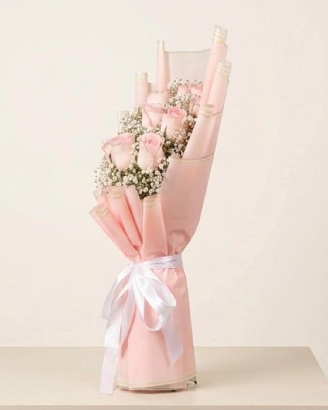 Soft Pink Rose and Baby's Breath Floral Bouquet with Pink Wrapping detail 2