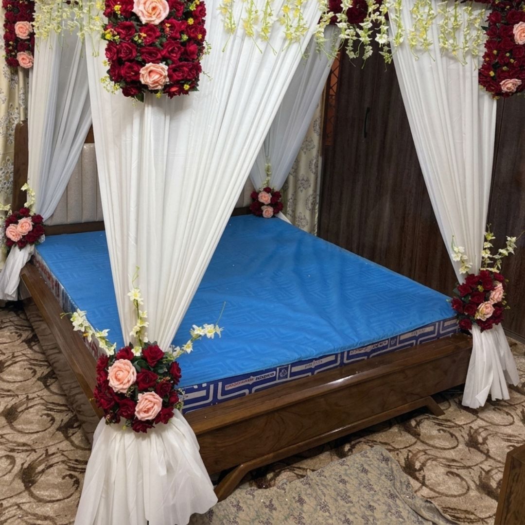 Premium Artificial Red & Peach Rose Masehri Wedding Bed Decoration with Draped Canopy