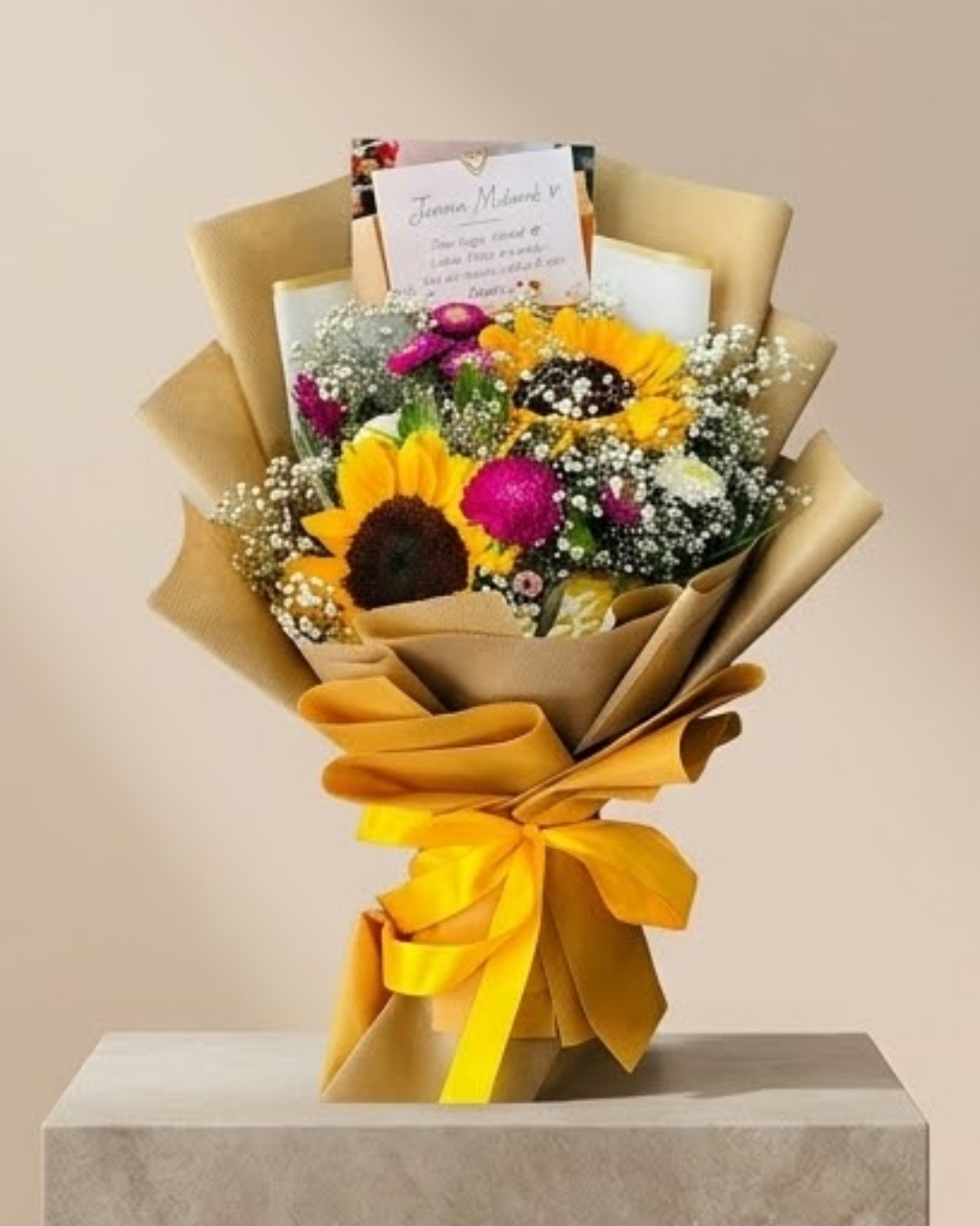 Golden Amber Sunflower & Magenta Blossom Luxury Bouquet detail 3