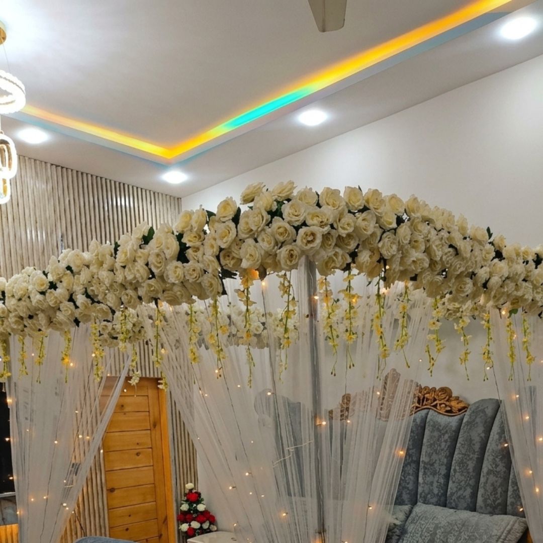 Luxury Artificial White Rose Canopy Bridal Bed Decoration (Artificial Masheri Decor)