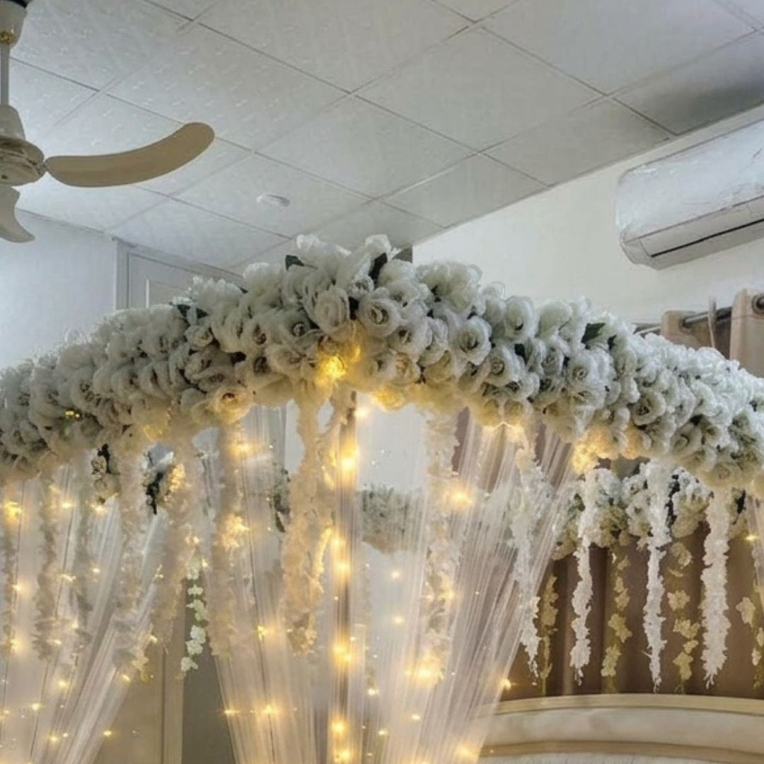 Elegant Artificial Masehri Wedding Bed Decoration with Floral Canopy & Fairy Lights