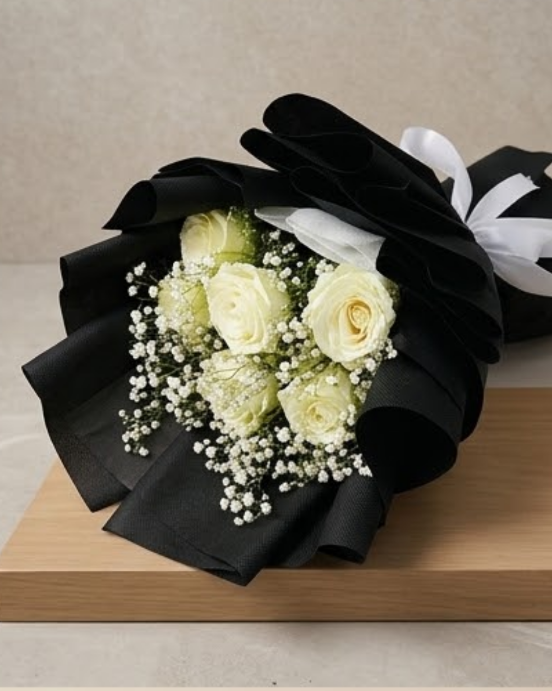 Midnight Ivory White Rose & Baby's Breath Luxury Bouquet detail 2