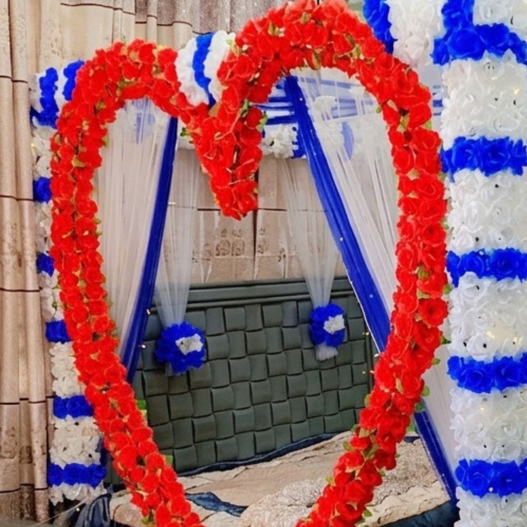 Royal Red, White & Blue Artificial Flower Canopy Masheri Bed Setup for Wedding & Bridal Room