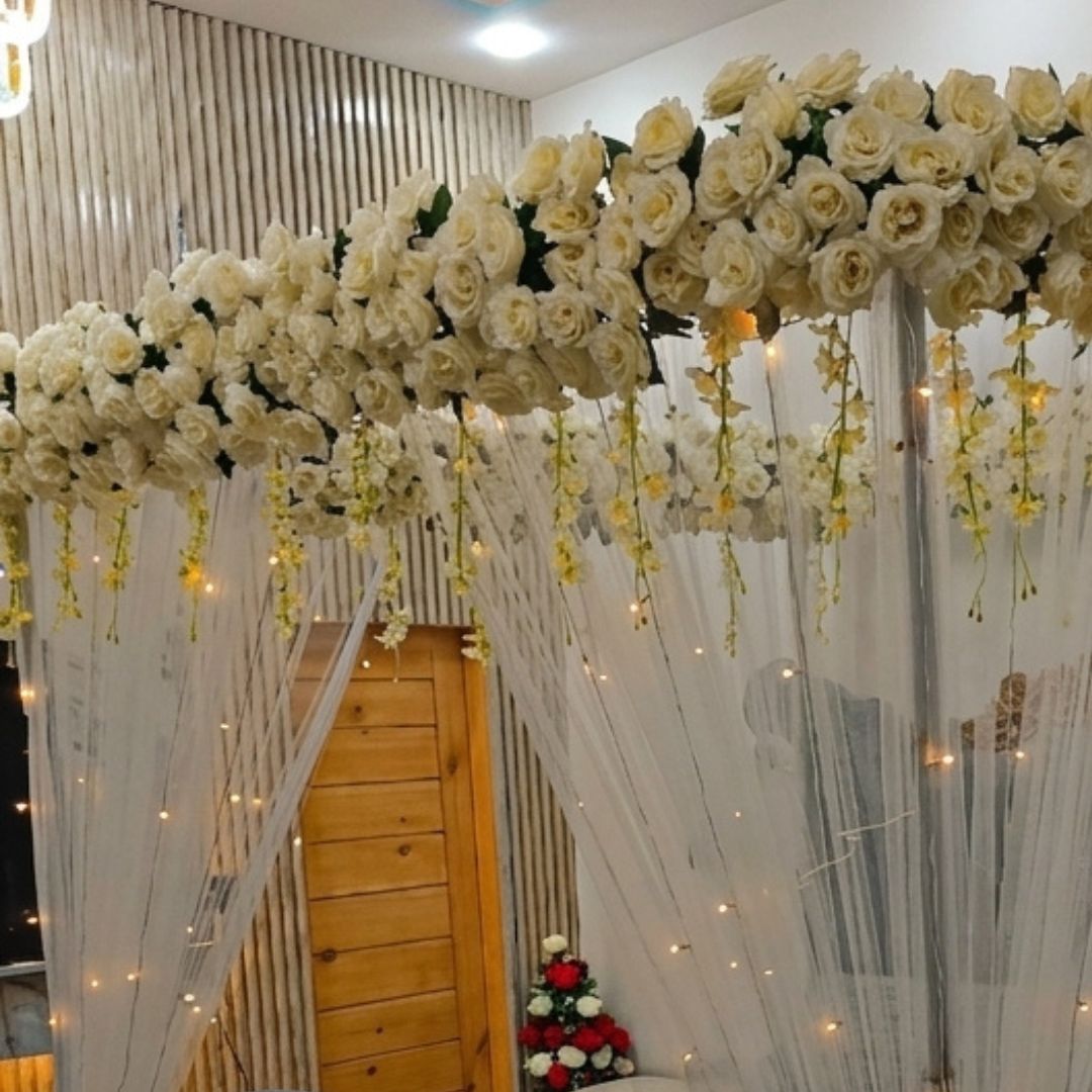Luxury Artificial White Rose Canopy Bridal Bed Decoration (Artificial Masheri Decor)