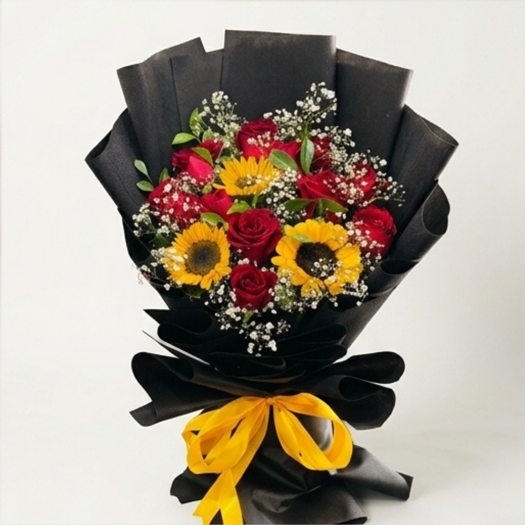 Sunset Harmony Sunflower & Red Rose Bouquet detail 2