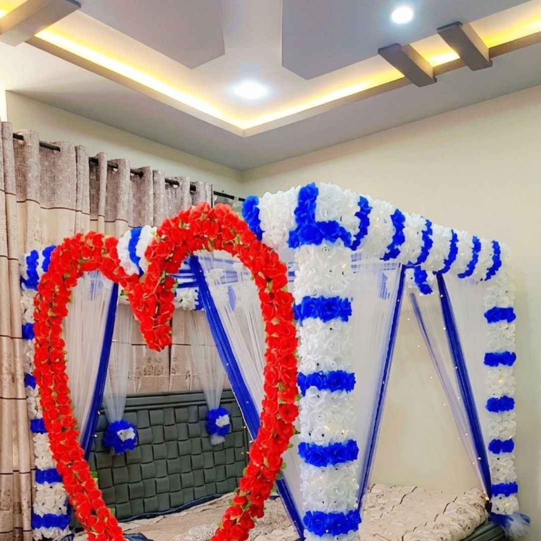 Royal Red, White & Blue Artificial Flower Canopy Masheri Bed Setup for Wedding & Bridal Room