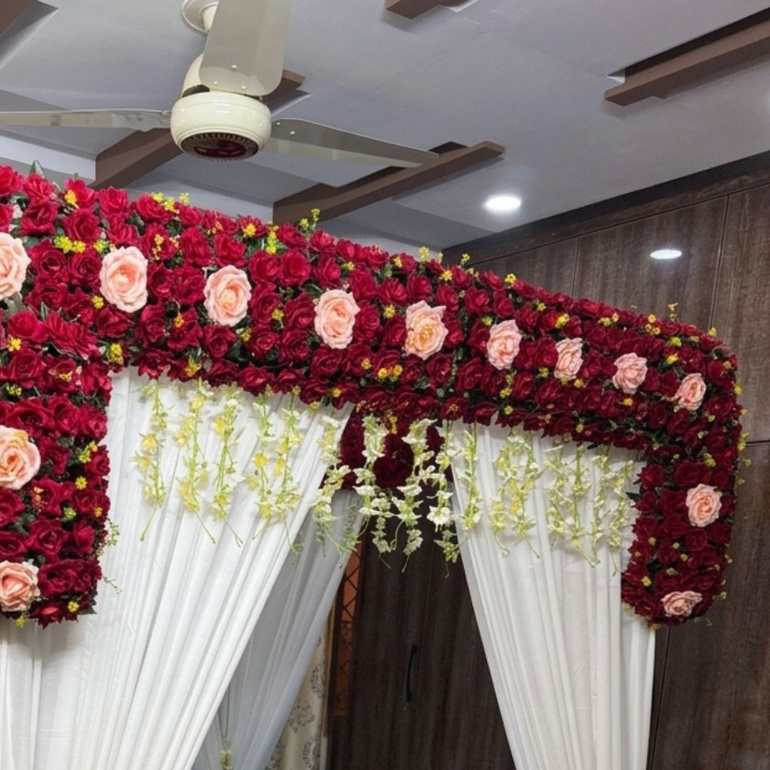 Premium Artificial Red & Peach Rose Masehri Wedding Bed Decoration with Draped Canopy