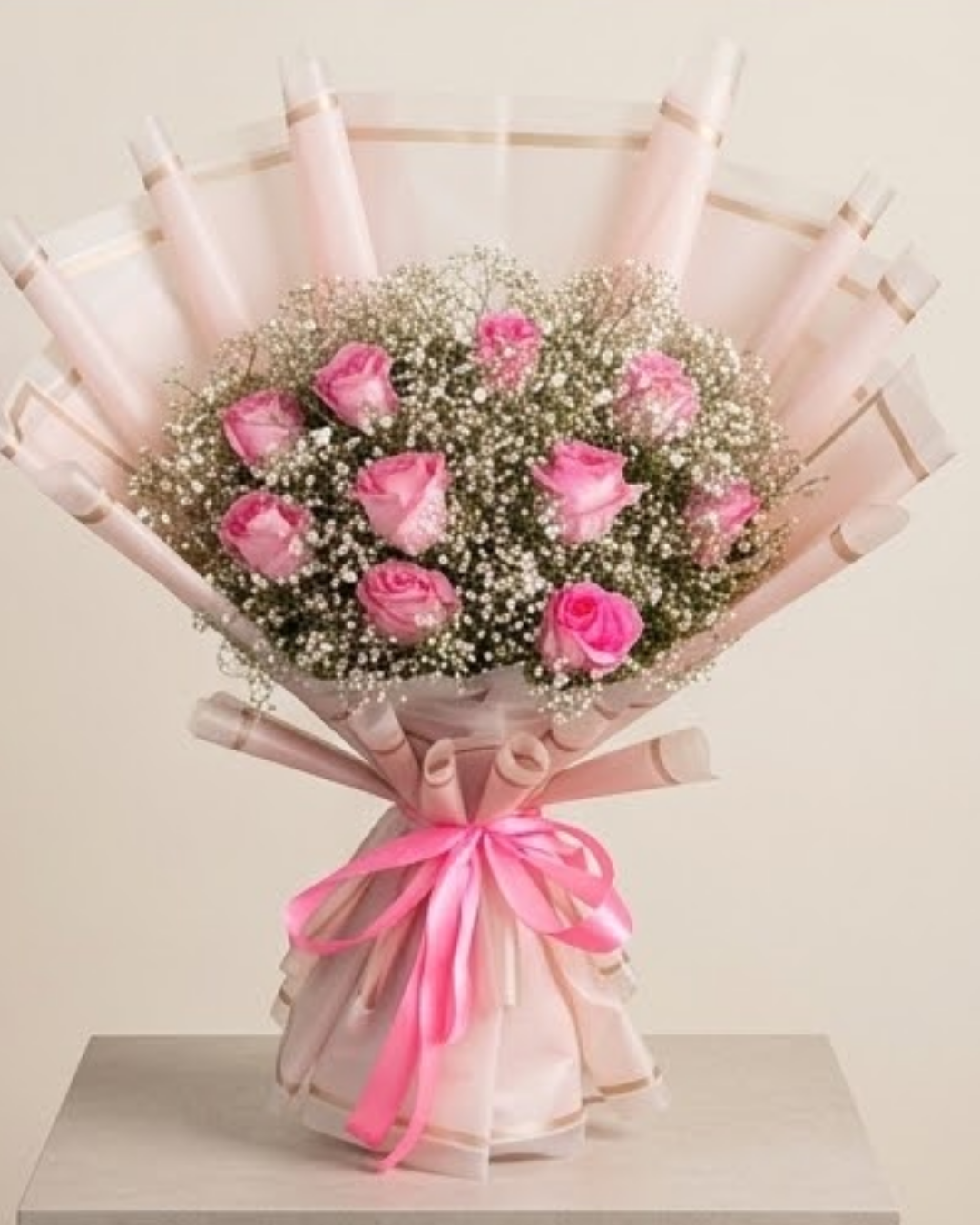 Pink Serenade Rose & Baby's Breath 4-View Luxury Bouquet detail 3