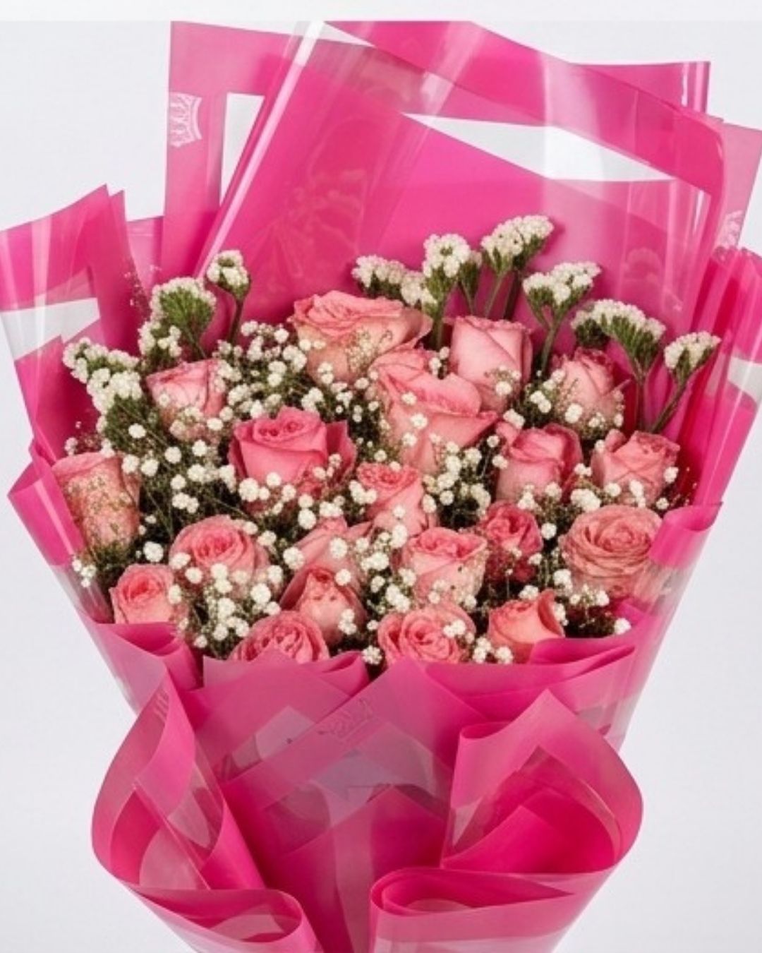 Vivid Hot Pink Wrap Pink Rose Bouquet detail 3