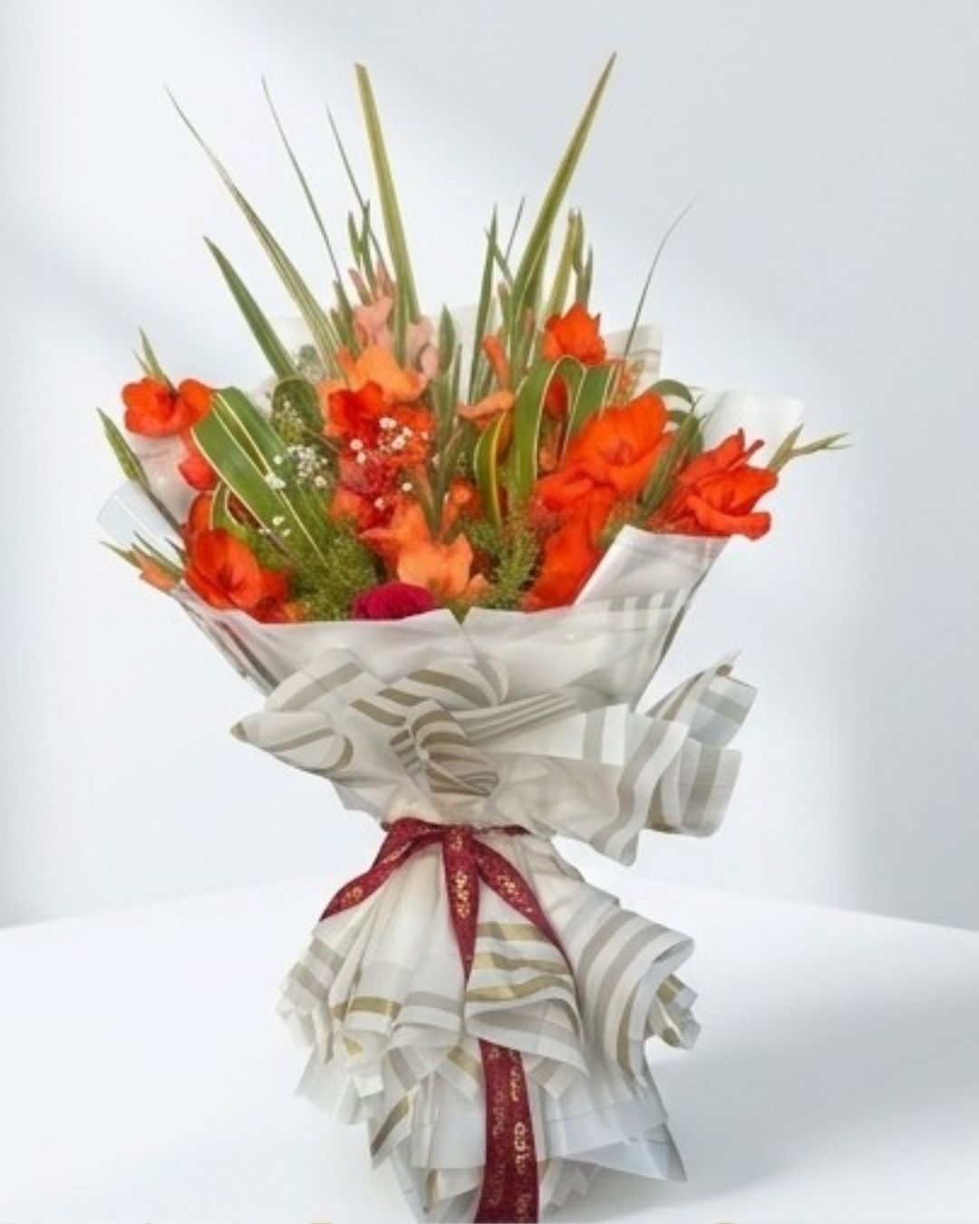 Fiery Orange Gladiolus & Foliage Luxury Bouquet detail 2
