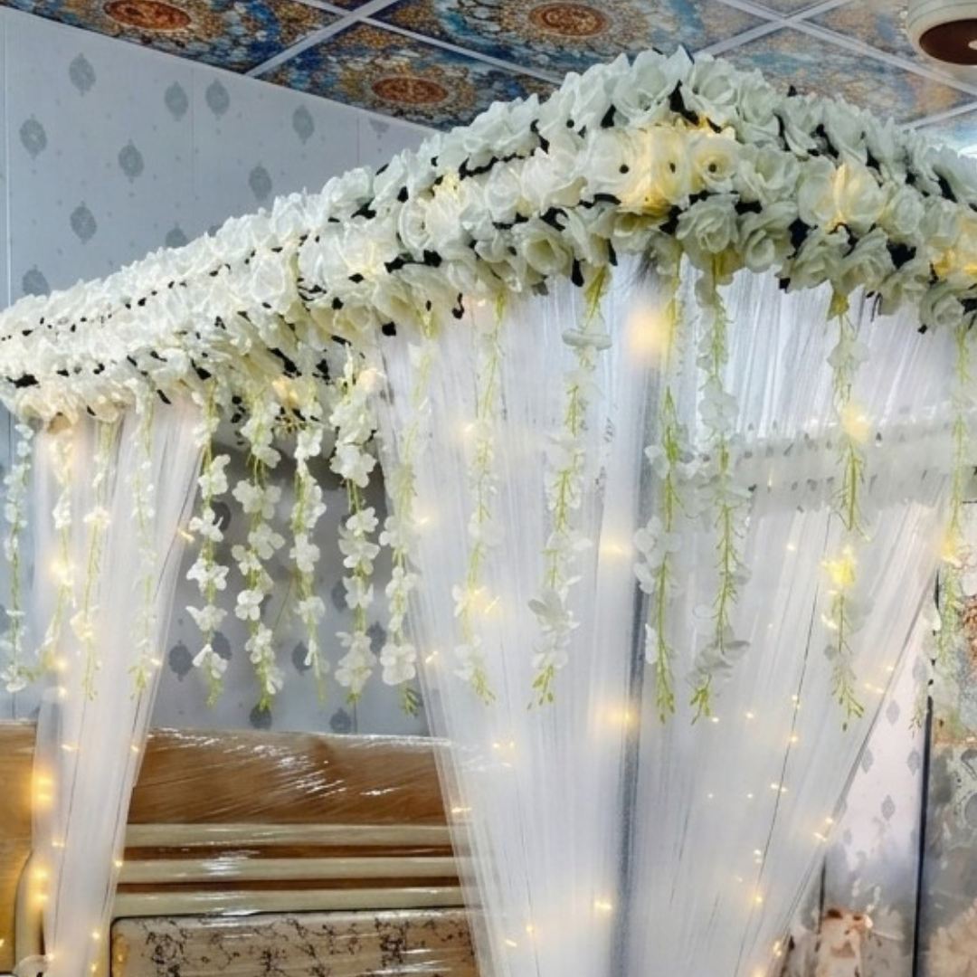 Elegant White Floral Canopy Bridal Room Decoration