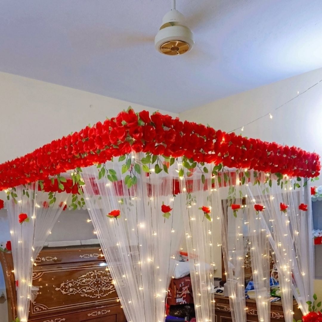 Elegant Red Rose Artificial Flower Canopy Masheri Bed Setup for Bridal Room & Wedding Decor