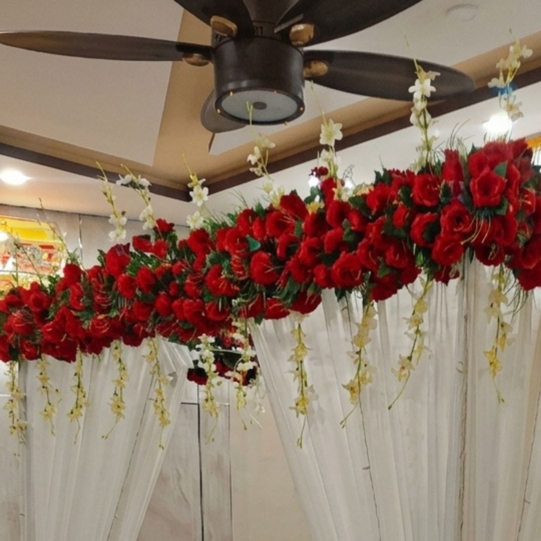 Premium Artificial Red Rose Masehri Wedding Bed Decoration with Elegant Draped Canopy