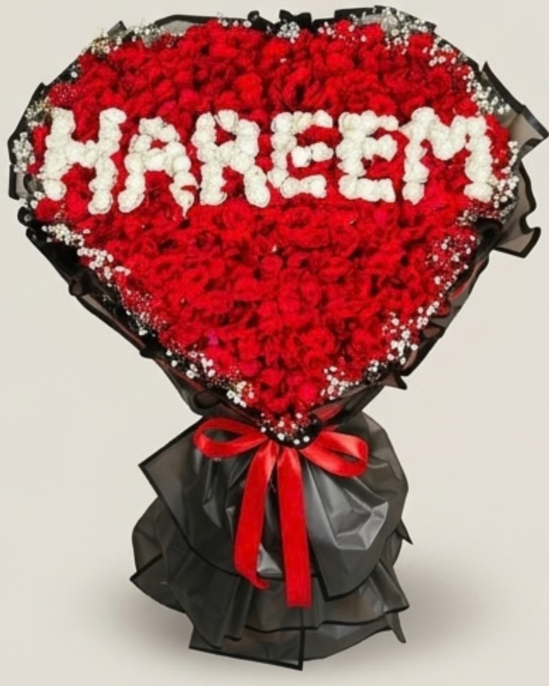 Heart-Shaped Red Rose Custom Name Floral Bouquet with Black Wrapping detail 2