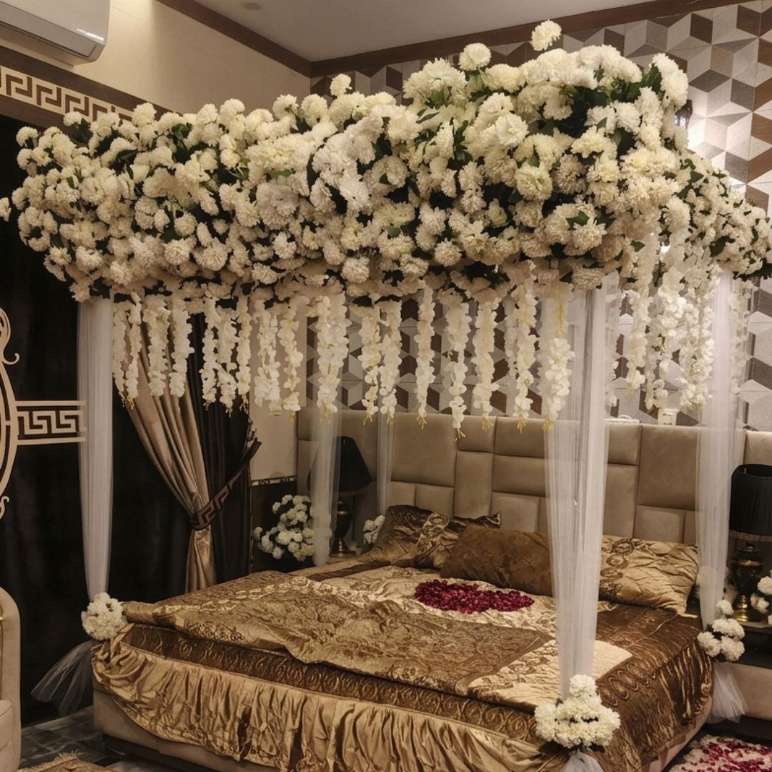 Premium Artificial White Flower Canopy Wedding Bed Decoration