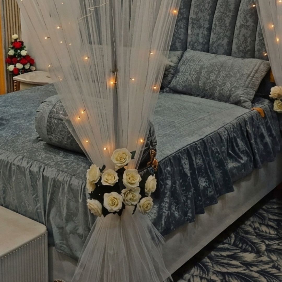 Luxury Artificial White Rose Canopy Bridal Bed Decoration (Artificial Masheri Decor)