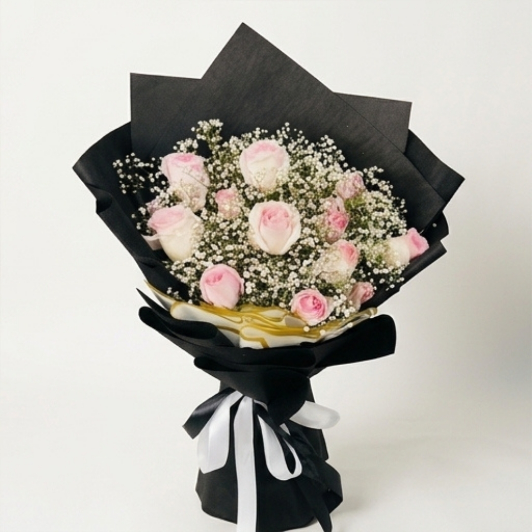 Midnight Elegance Pink Rose & Baby’s Breath Bouquet detail 4