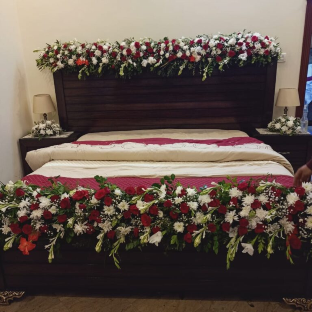 Luxury Fresh & Artificial Floral Wedding Bed Decoration (Masheri Design)