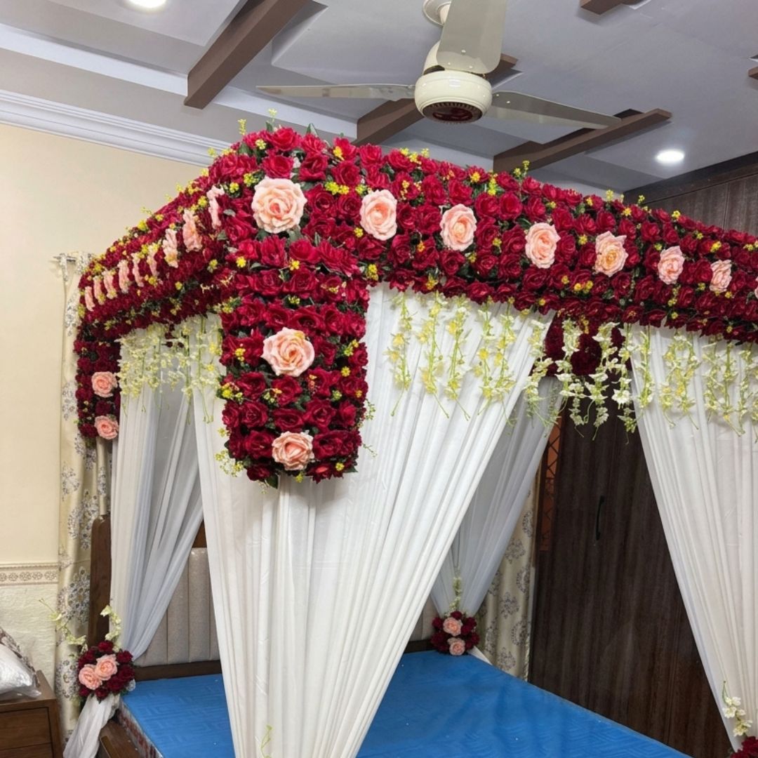 Premium Artificial Red & Peach Rose Masehri Wedding Bed Decoration with Draped Canopy