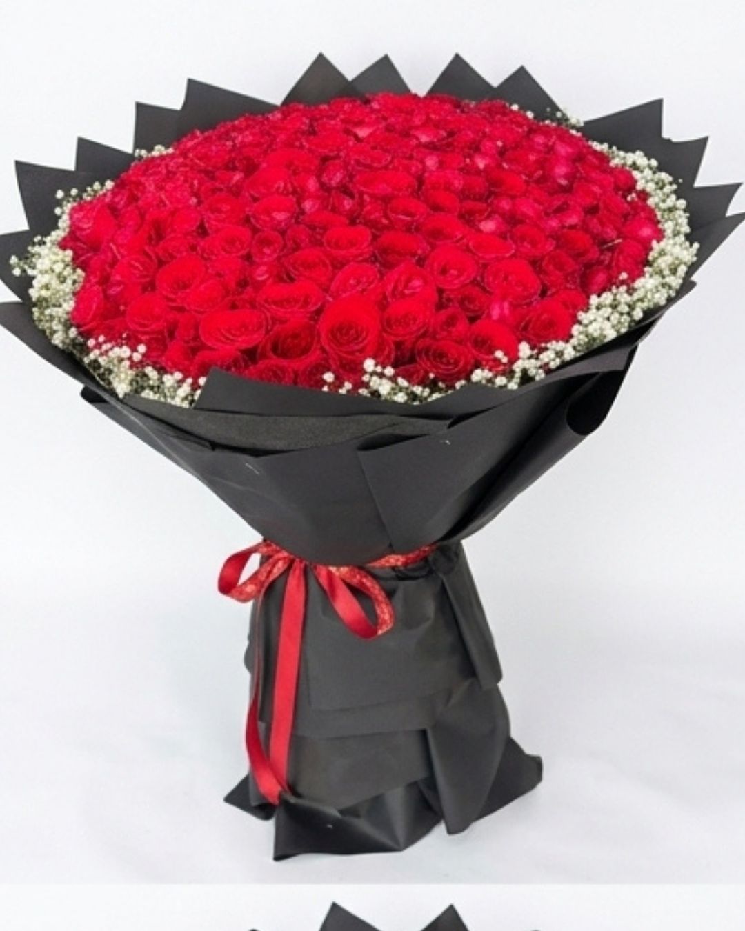 Majestic Halo 100 Red Rose & Baby's Breath Luxury Bouquet detail 2