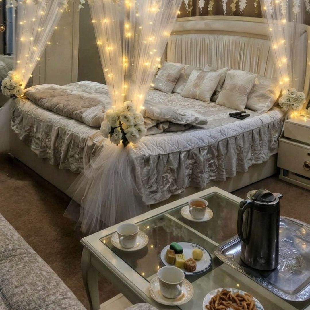 Elegant Artificial Masehri Wedding Bed Decoration with Floral Canopy & Fairy Lights
