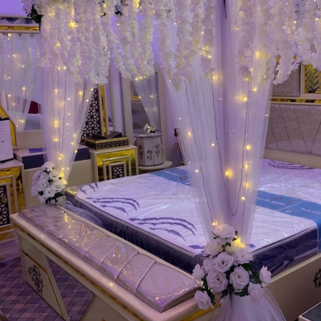 Luxury Artificial Floral Masehri & Bridal Room Setup | White Roses & Fairy Lights