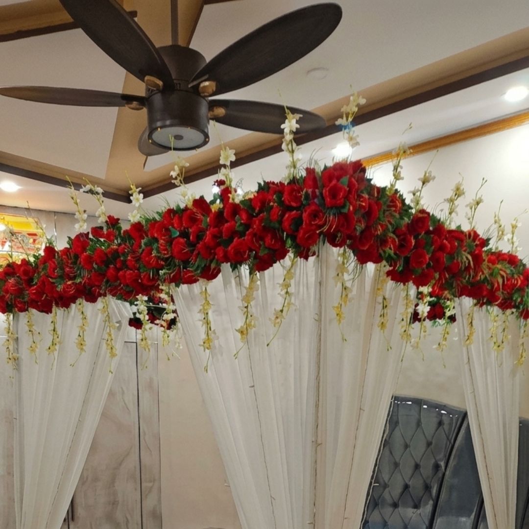 Premium Artificial Red Rose Masehri Wedding Bed Decoration with Elegant Draped Canopy