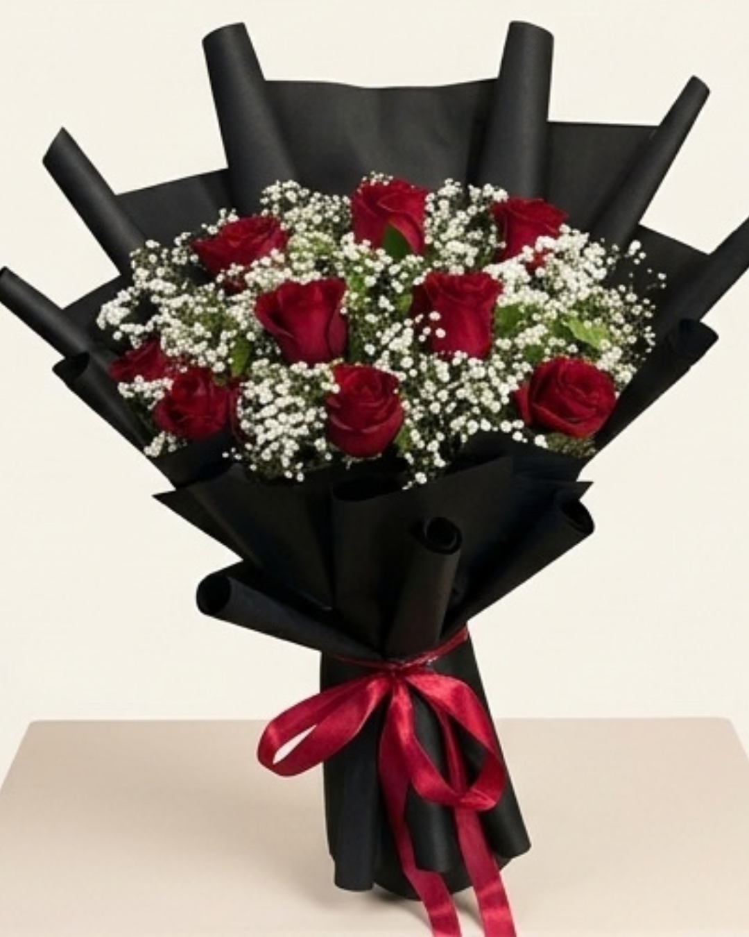 Red Rose and Baby's Breath Floral Bouquet with Black Wrapping and Red Ribbon detail 2