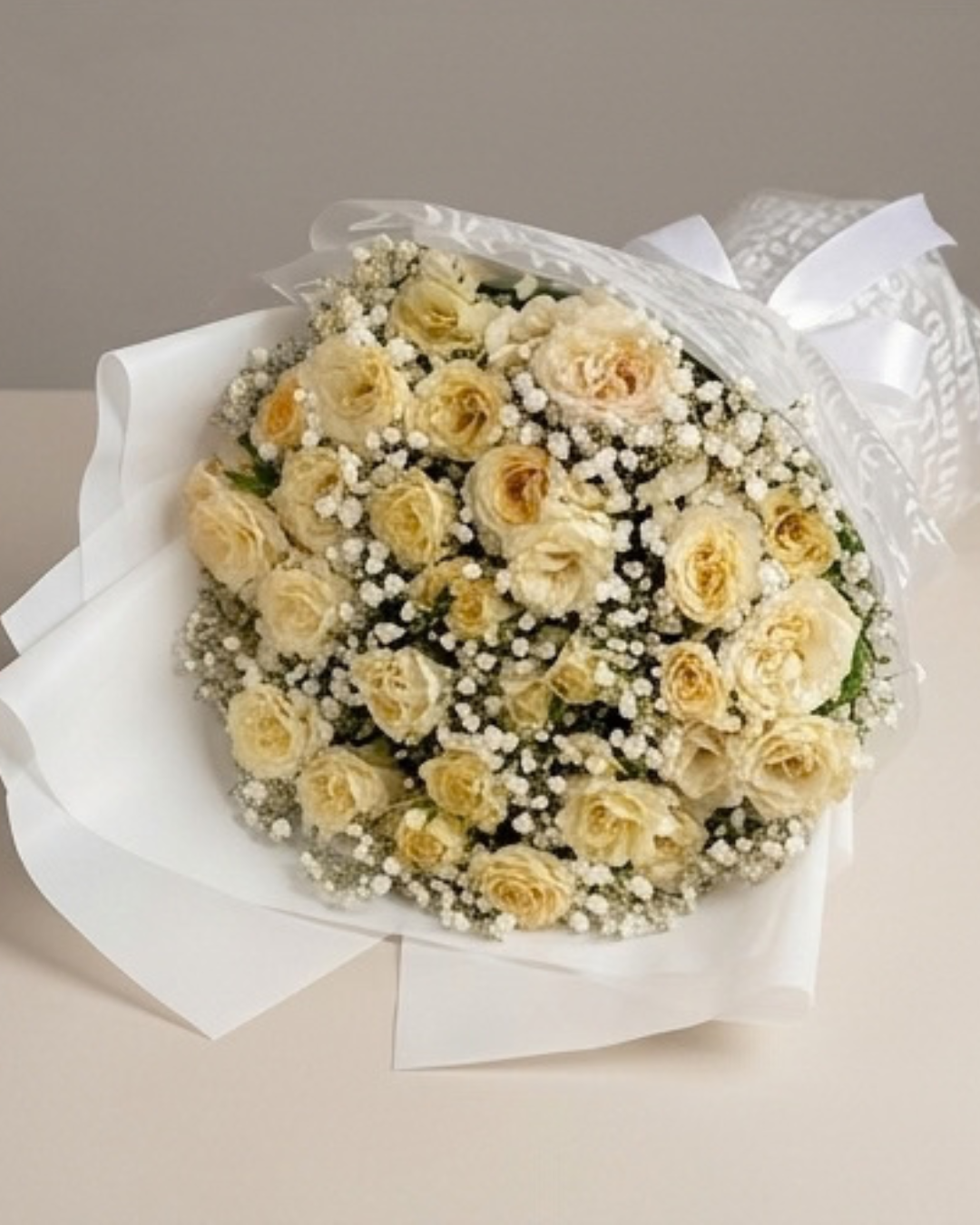 White Rose and Baby's Breath Floral Bouquet with Custom Printed Wrapper detail 3