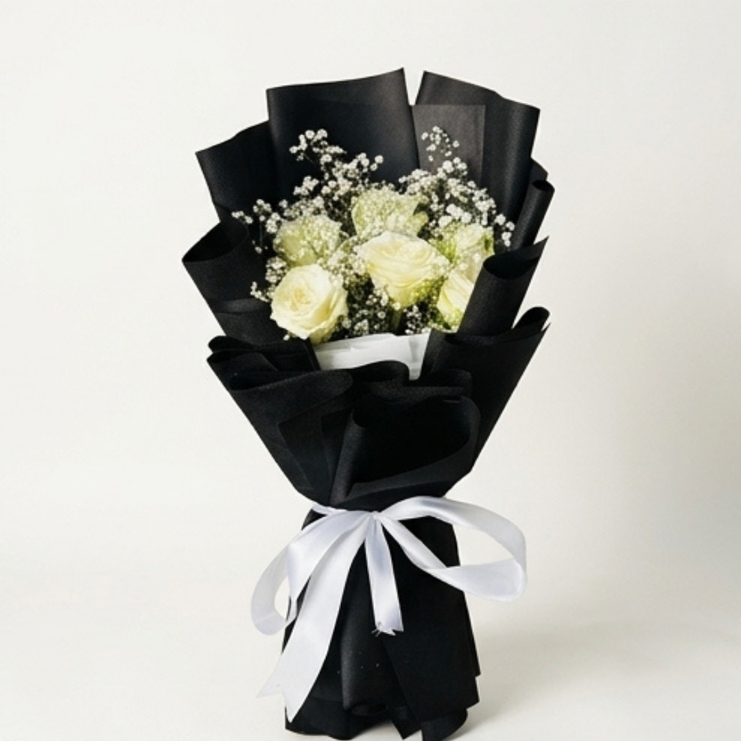Noir Grace White Rose & Baby’s Breath Bouquet detail 4