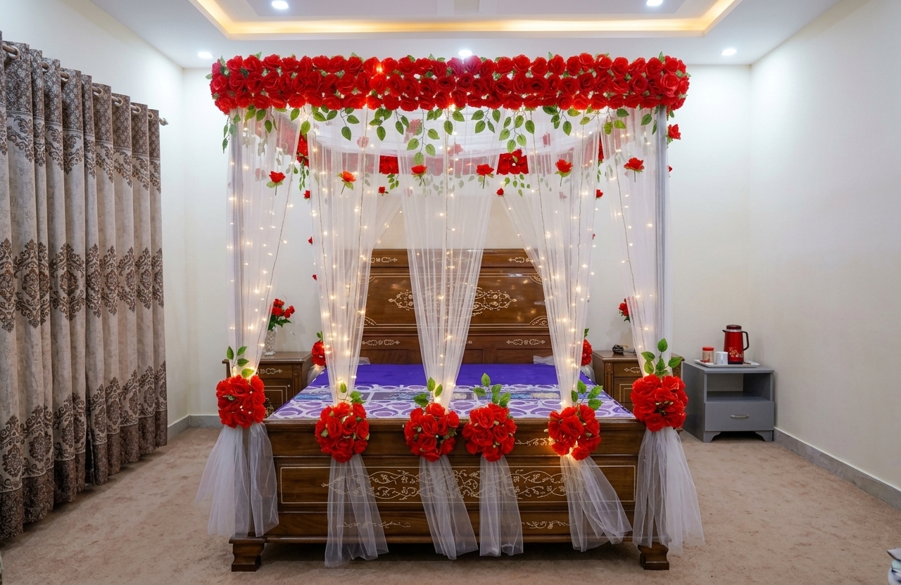 Elegant Red Rose Artificial Flower Canopy Masheri Bed Setup for Bridal Room & Wedding Decor — Bridal Room by Aligoraya Flowers Market
