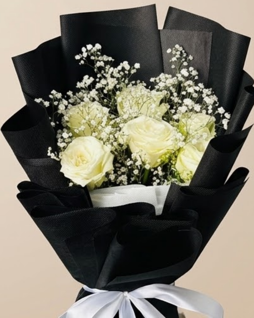 Midnight Ivory White Rose & Baby's Breath Luxury Bouquet detail 3