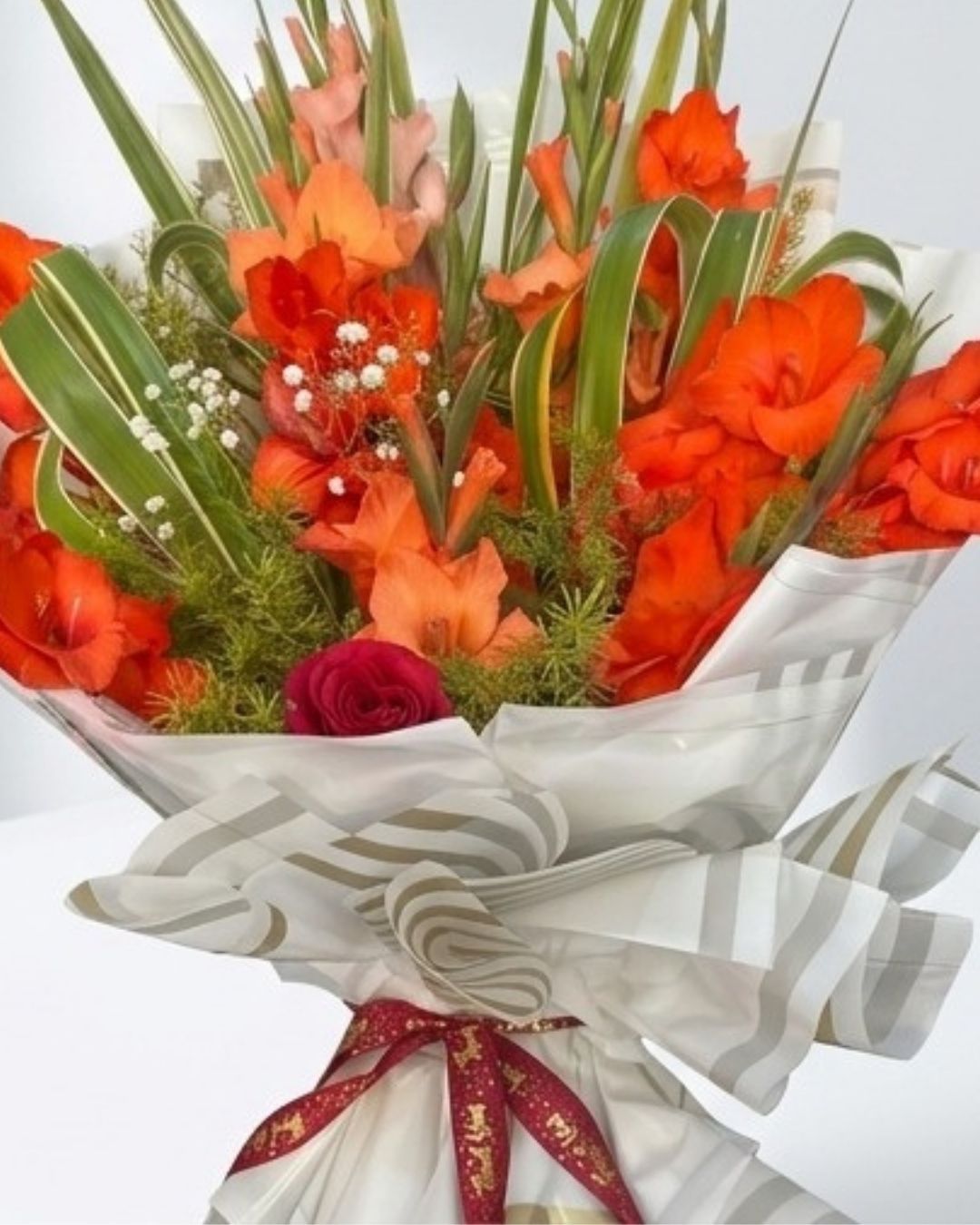Fiery Orange Gladiolus & Foliage Luxury Bouquet detail 4