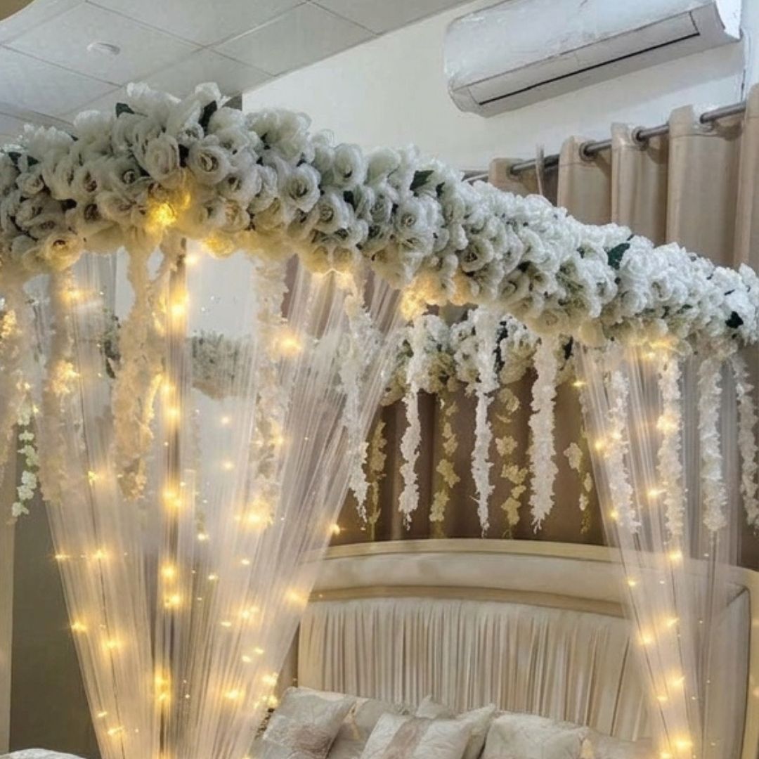 Elegant Artificial Masehri Wedding Bed Decoration with Floral Canopy & Fairy Lights