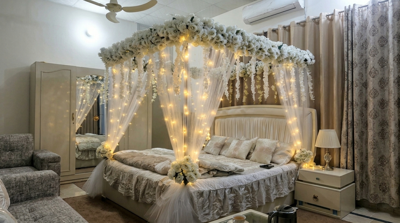 Elegant Artificial Masehri Wedding Bed Decoration with Floral Canopy & Fairy Lights — Bridal Room by Aligoraya Flowers Market