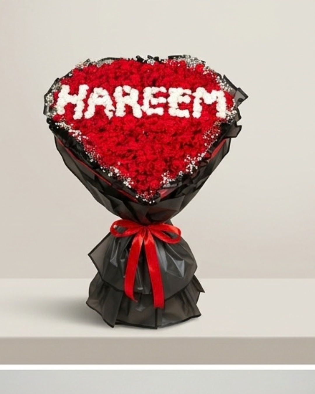 Heart-Shaped Red Rose Custom Name Floral Bouquet with Black Wrapping — Fresh Flowers by Aligoraya Flowers Market, Lahore