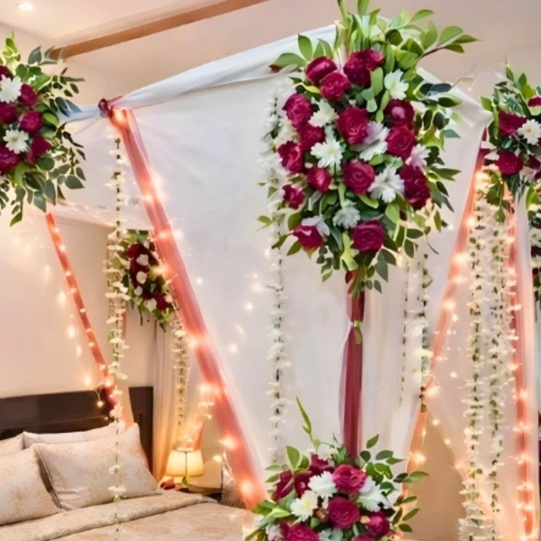 Luxury Fresh & Artificial Flower Masehri Canopy Bridal Bed Decor