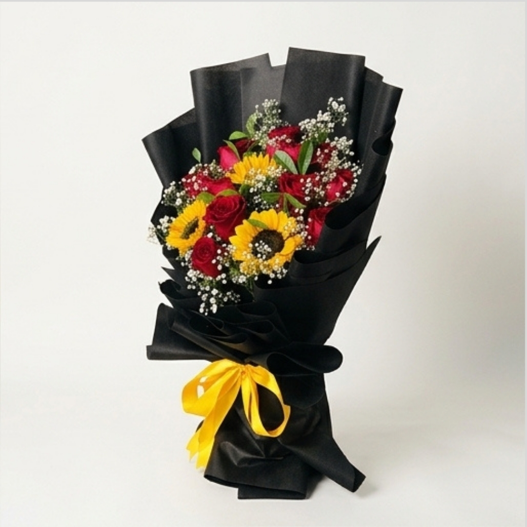 Sunset Harmony Sunflower & Red Rose Bouquet detail 4