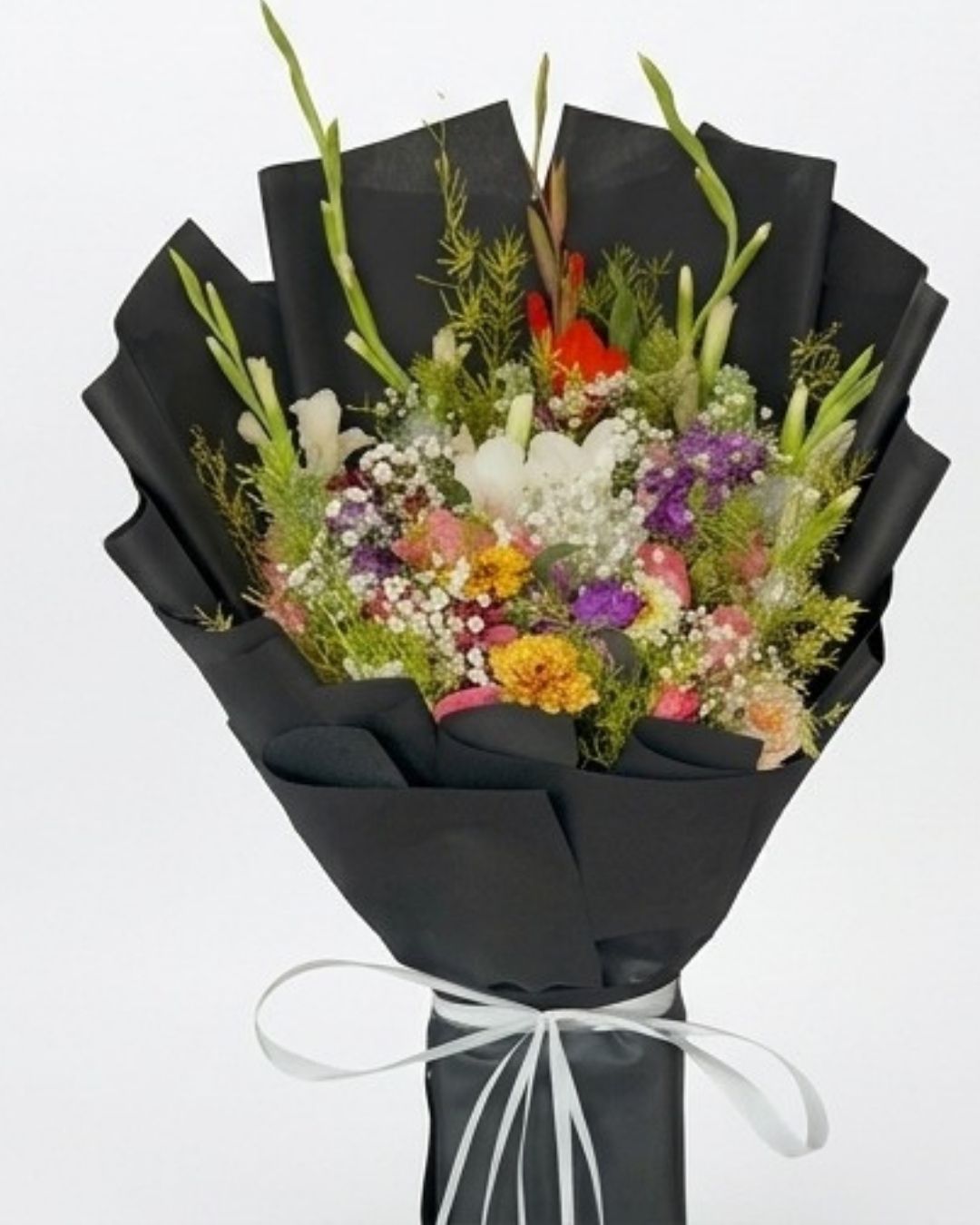 Vibrant Rainbow Mixed Bouquet in Black Wrap detail 4