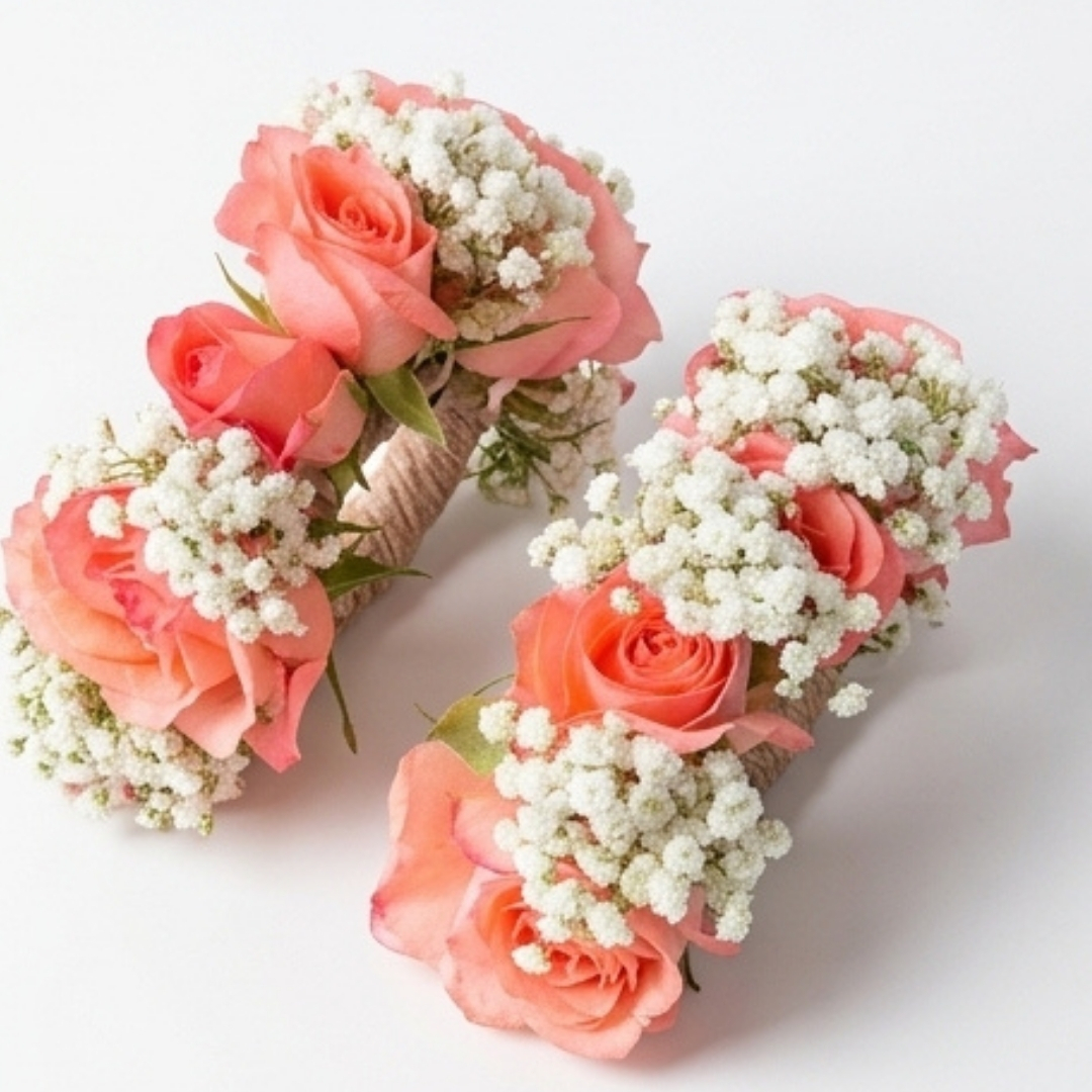 Coral Peach Rose & Baby’s Breath Floral Bracelets detail 3