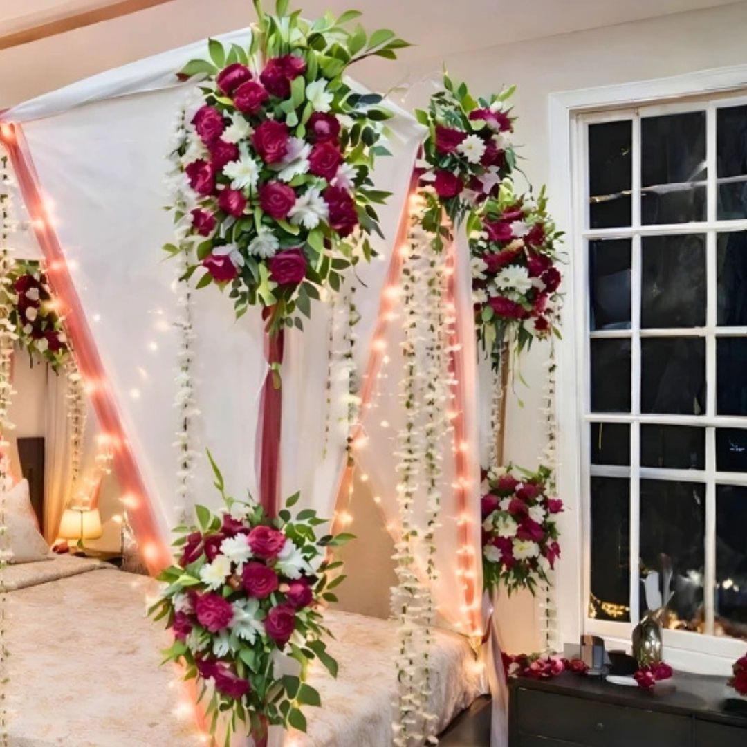 Luxury Fresh & Artificial Flower Masehri Canopy Bridal Bed Decor