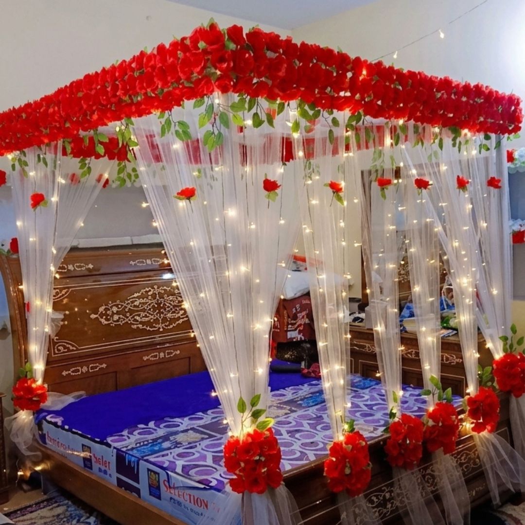 Elegant Red Rose Artificial Flower Canopy Masheri Bed Setup for Bridal Room & Wedding Decor