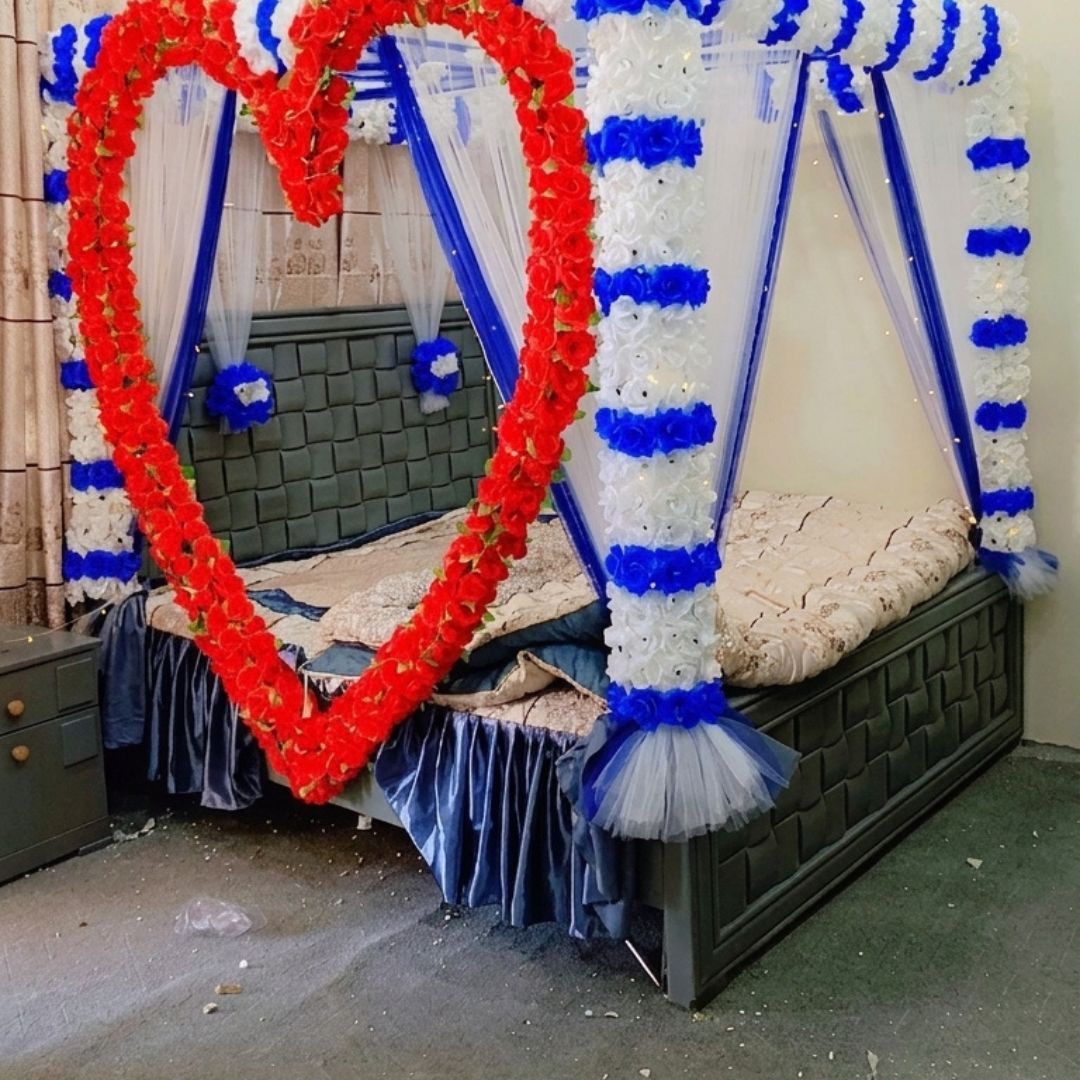 Royal Red, White & Blue Artificial Flower Canopy Masheri Bed Setup for Wedding & Bridal Room