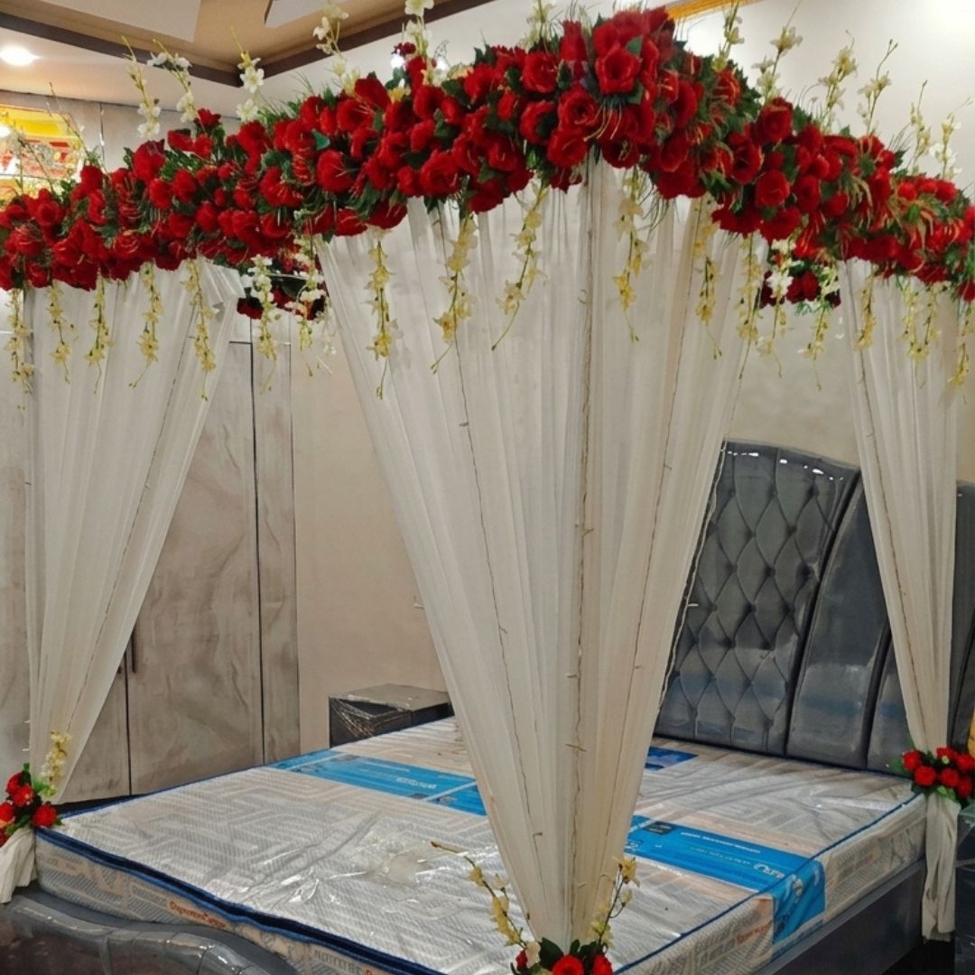 Premium Artificial Red Rose Masehri Wedding Bed Decoration with Elegant Draped Canopy